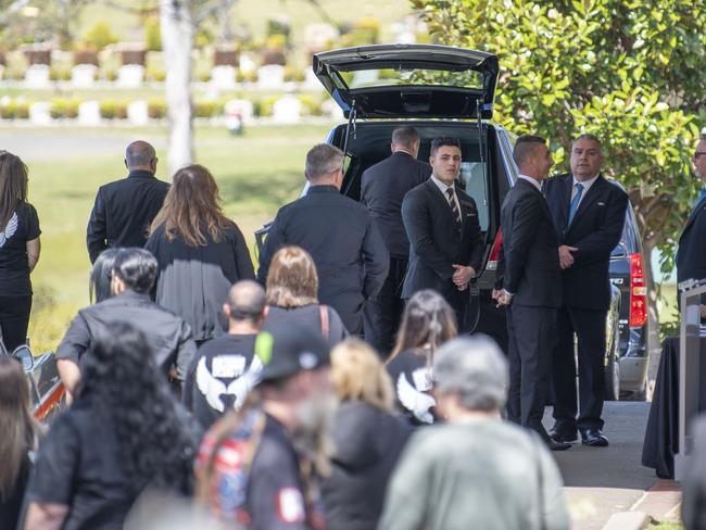 Mourners arrive at the funeral for Buxton crash victim Antonio Desisto at North Chapel Forest Lawn Memorial Park on Camden Valley Way, in Sydney's Leppington. Picture: Simon Bullard