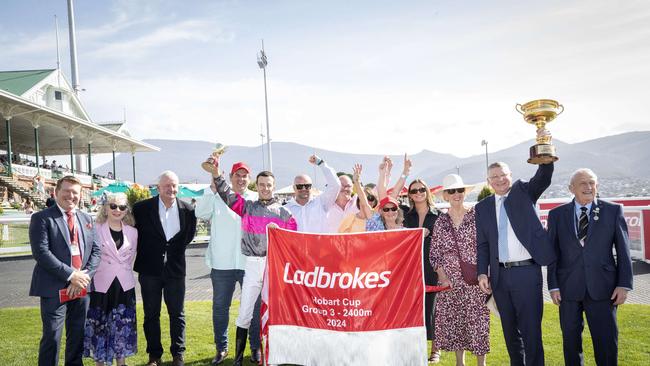 Aurora's Symphony connections after winning the Ladbrokes Hobart Cup at Elwick Racecourse. Picture: Chris Kidd