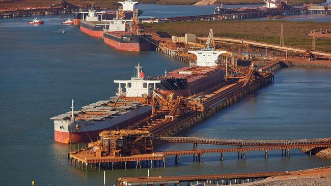 Bulk iron ore carriers at Port Hedland.