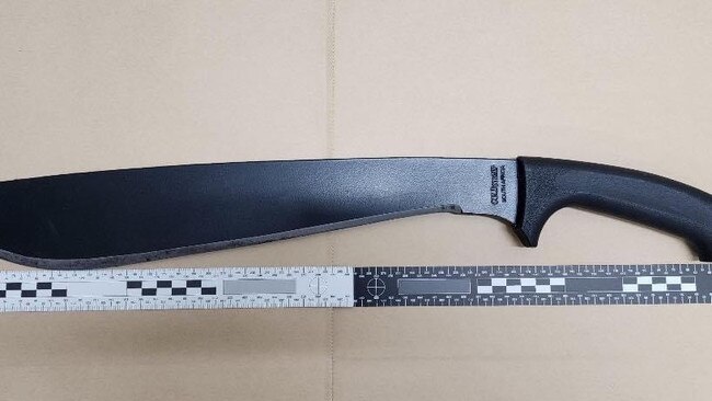 A machete seized by police called to train stations and transport hubs in the Hills after reports of youths wearing hoodies and face masks. Photo: Facebook Photo: Facebook