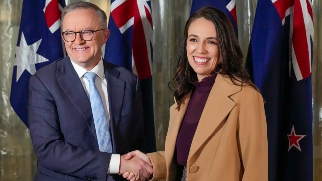 Australian Prime Minister Anthony Albanese greets his New Zealand counterpart Jacinda Ardern ahead of a bilateral meeting in Sydney on Friday. Picture: Mark Baker - Pool/Getty Images