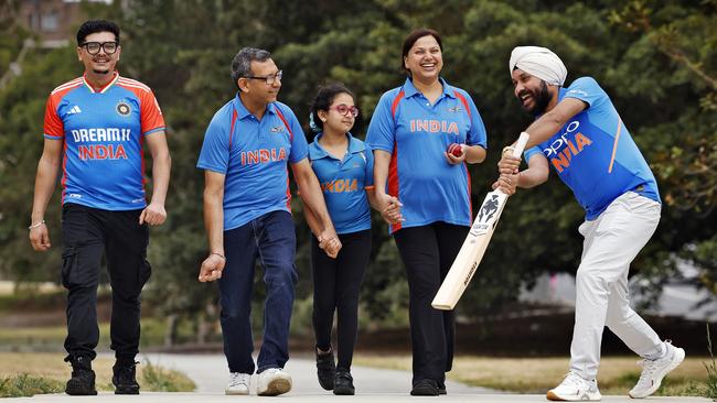 India cricket fans (l to r) Prabesh Gautam, Nitin Setia, Mansi Setia, Vandana Setia and Gurnam Singh. Picture: Sam Ruttyn