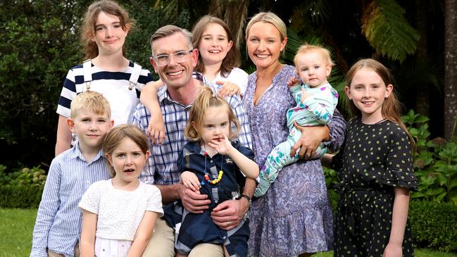 Mr Perrottet pictured with his wife Helen and their children at their Beecroft home. Picture: Toby Zerna/Office of NSW Premier