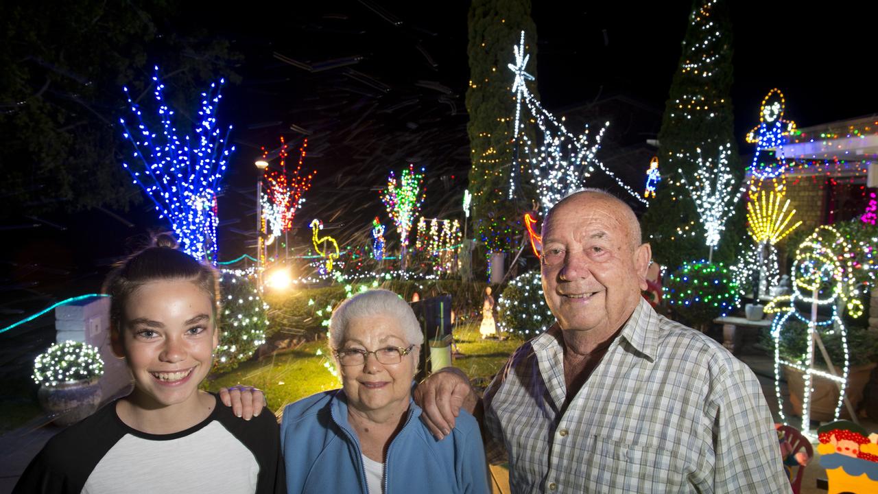 Cody Mutch with his grandparents Sylvia and Sante Andreatta in the Andreatta family Box St entry in the Toowoomba Christmas Lights Competition, Friday, December 11, 2015. Photo Kevin Farmer / The Chronicle