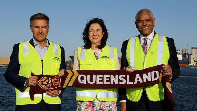 Port of Brisbane CEO Roy Cummins, premier Annastacia Palaszczuk, and Carnival Cruises CEO Arnold Donald. Picture: AAP/David Clark