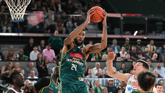 HOBART, AUSTRALIA - DECEMBER 02: Marcus Lee of the Jackjumpers gets the rebound during the round nine NBL match between Tasmania Jackjumpers and Adelaide 36ers at MyState Bank Arena, on December 02, 2023, in Hobart, Australia. (Photo by Steve Bell/Getty Images)