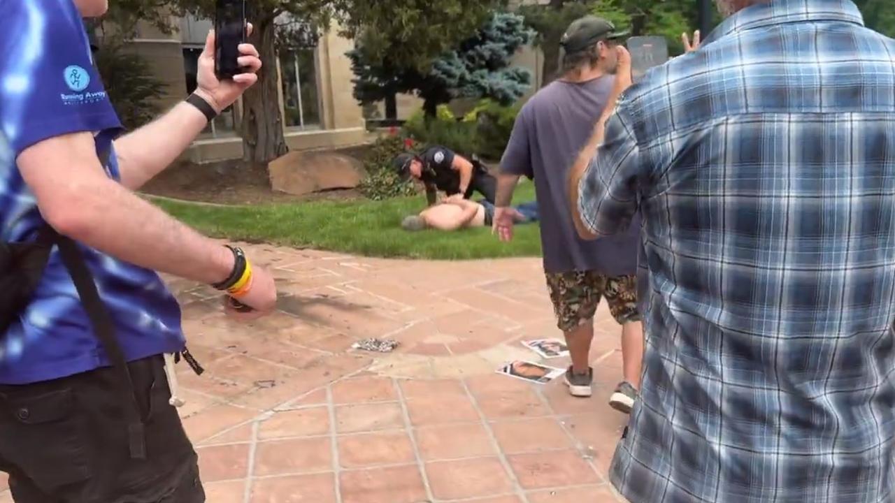 Police arrest a man at the scene of the attack. Picture: X