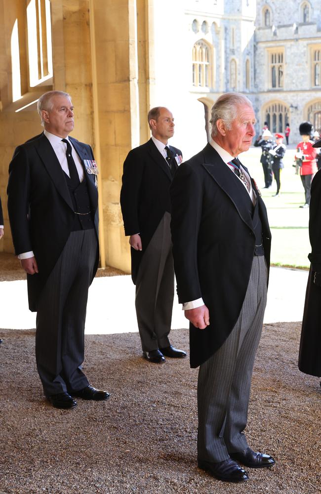 Prince Andrew, Duke of York, Prince Edward, Earl of Wessex, Prince Charles, Prince of Wales, and Princess Anne, Princess Royal during the funeral of Prince Philip, Duke of Edinburgh at Windsor Castle. Picture: Getty