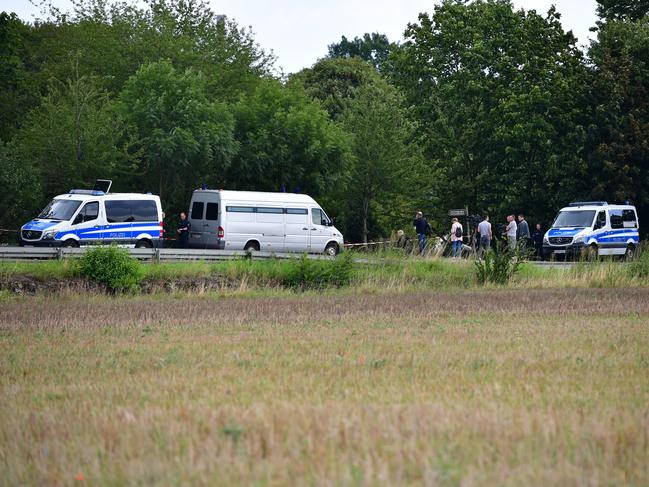 Police cars during a search at an allotment garden that belonged to Christian Brueckner, as the prime suspect in the disappearance of Madeleine McCann. Picture: Getty Images