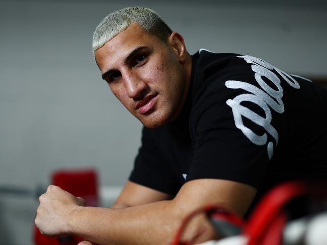 BRISBANE, AUSTRALIA - MAY 06: Justis Huni poses during a press conference at PCYC Lang Park on May 06, 2025 in Brisbane, Australia. (Photo by Chris Hyde/Getty Images)