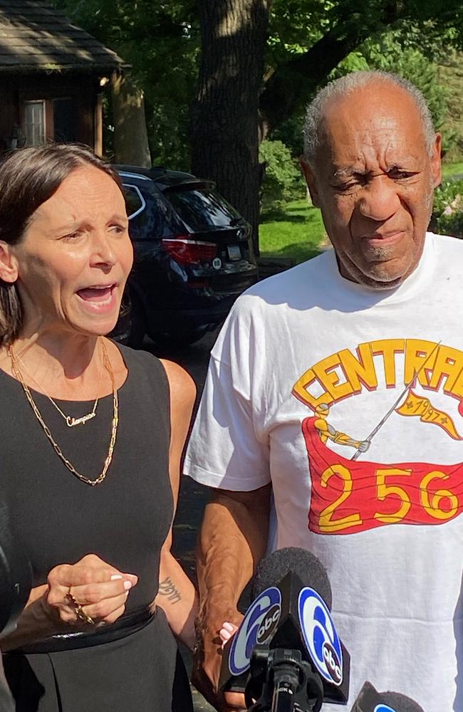 Lawyer Jennifer Bonjean and Bill Cosby speak outside his home after his release from prison. Picture: Getty Images/AFP