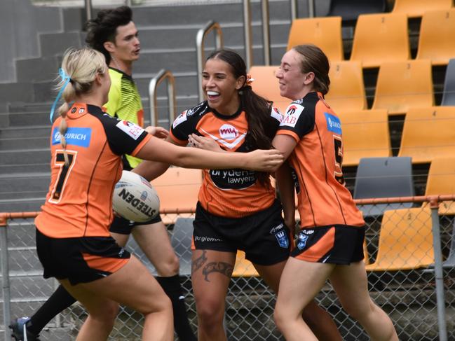 Tiana-Lee Thorne celebrates a try. Picture: Sean Teuma