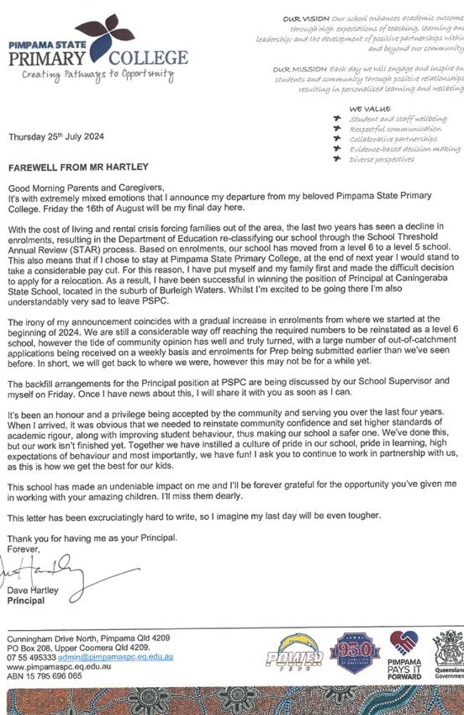 A letter to parents from Pimpama State Primary College principal Dave Hartley announcing he is leaving the school.