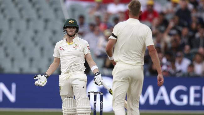 Australia's Steve Smith, left, and England's Stuart Broad have words mid-wicket during their Ashes test match in Adelaide.