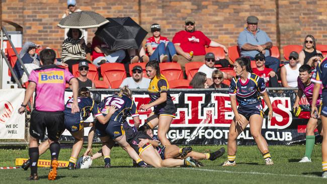 Gatton’s Sarah Hoger scores a tray against Highfields in TRL Women grand final. Picture: Kevin Farmer