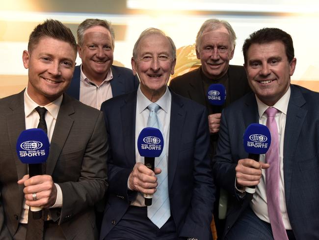 Michael Clarke, Ian Healy, Bill Lawry, Ian Chappell and Mark Taylor at the Sales launch for Channel 9's Summer of Cricket at the QT Hotel in Melbouren on Tuesday, July 11, 2017. Picture: Les O'Rourke/Channel 9.This image has been supplied free of charge by Channel 9.