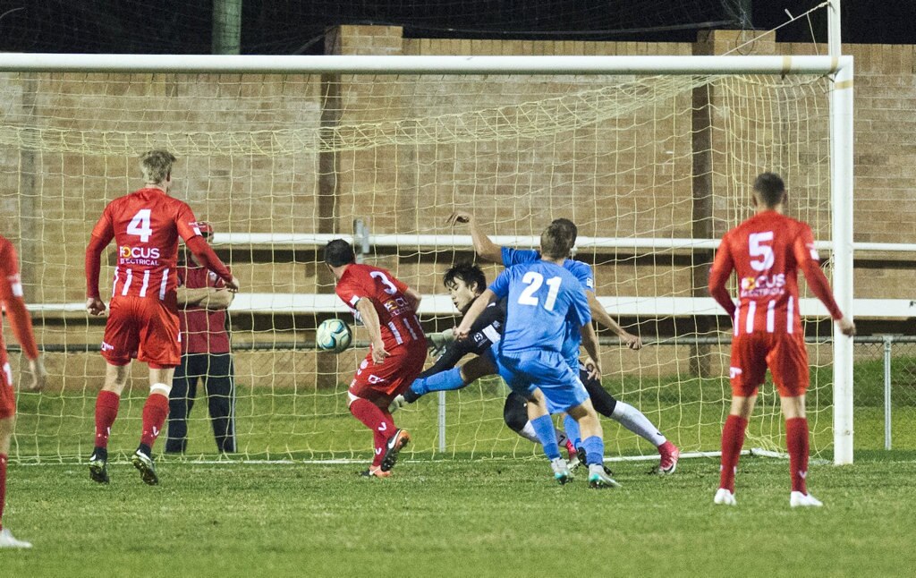 Thunder score their first goal. Picture: Nev Madsen