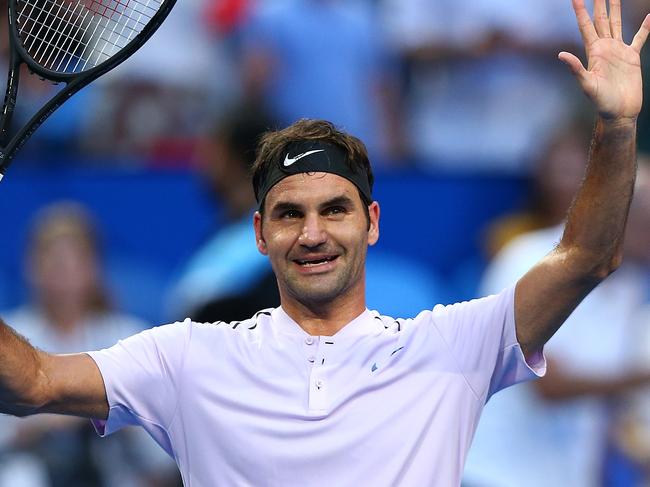 PERTH, AUSTRALIA - JANUARY 02: Roger Federer of Switzerland  celebrates defeating Karen Khachanov of Russia in the mens singles match on Day Four of the 2018 Hopman Cup at Perth Arena on January 2, 2018 in Perth, Australia.  (Photo by Paul Kane/Getty Images)