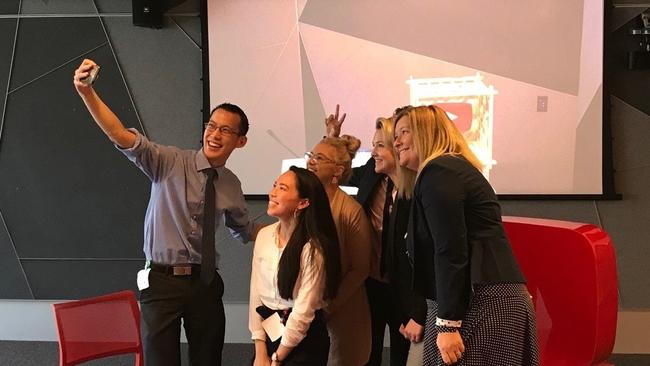 Selfie time with Eddie Woo for Nayomi Gribble and the other teachers at the Google workshop.