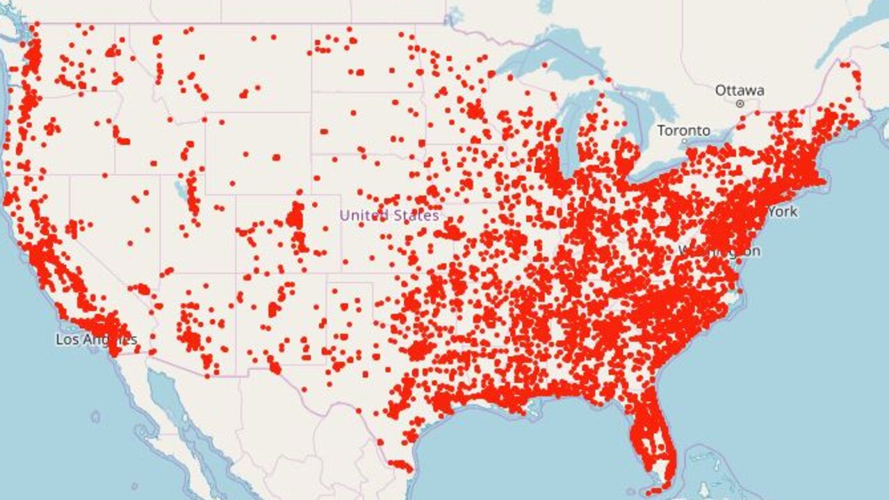 A map of every gun-related incident in the United States this year, courtesy of the Gun Violence Archive. Picture: Gun Violence Archive