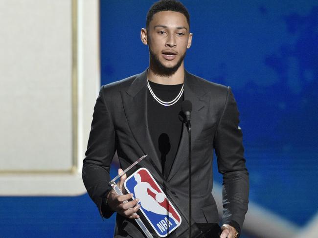 Ben Simmons, of the Philadelphia 76ers, accepts the rookie of the year award at the NBA Awards on Monday, June 25, 2018, at the Barker Hangar in Santa Monica, Calif. (Photo by Chris Pizzello/Invision/AP)