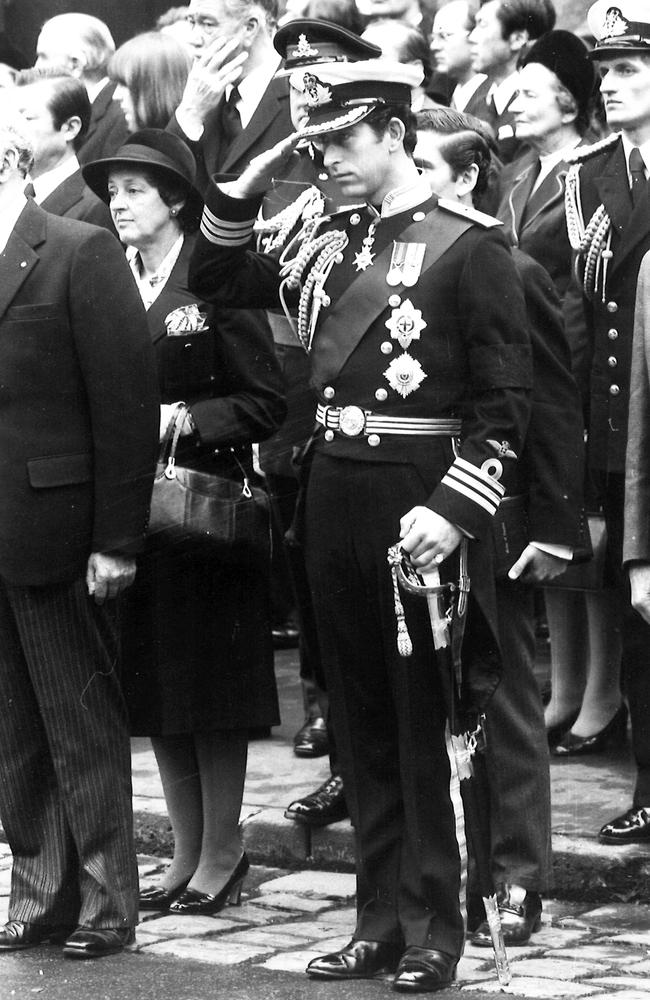 1978: Prince Charles salutes at the funeral of Sir Robert Menzies. Picture: News Corp Australia