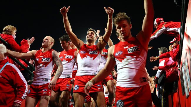 Sydney players celebrate the Round 23 win over Carlton.