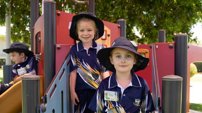 Emma Macdivitt and Isla Quinn play during the break at Victory College's first day of class. January 22,2024. Picture: Christine Schindler