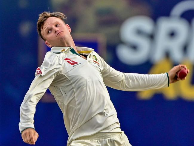 Australia's Matthew Kuhnemann bowls during the second day of the first Test cricket match between Sri Lanka and Australia at the Galle International Cricket Stadium in Galle on January 30, 2025. (Photo by Ishara S. KODIKARA / AFP)