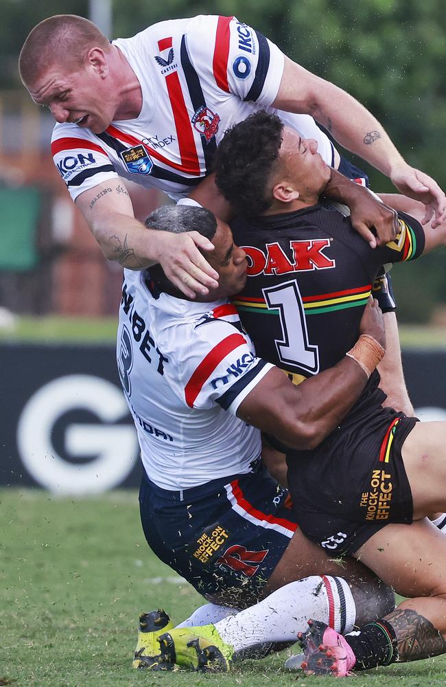 Dylan Napa was sent for 10min in the sin bin after this high shot. Picture: Sam Ruttyn