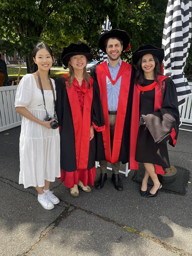 Coco Dong, Dr Susie Wang (PhD in Medical Biology), Dr Benjamin Seager (PhD in Medical Biology) and Dr Ushma Ruparel (PhD in Medical Biology) at the University of Melbourne graduations held at the Royal Exhibition Building on Tuesday, December 17, 2024. Picture: Jack Colantuono