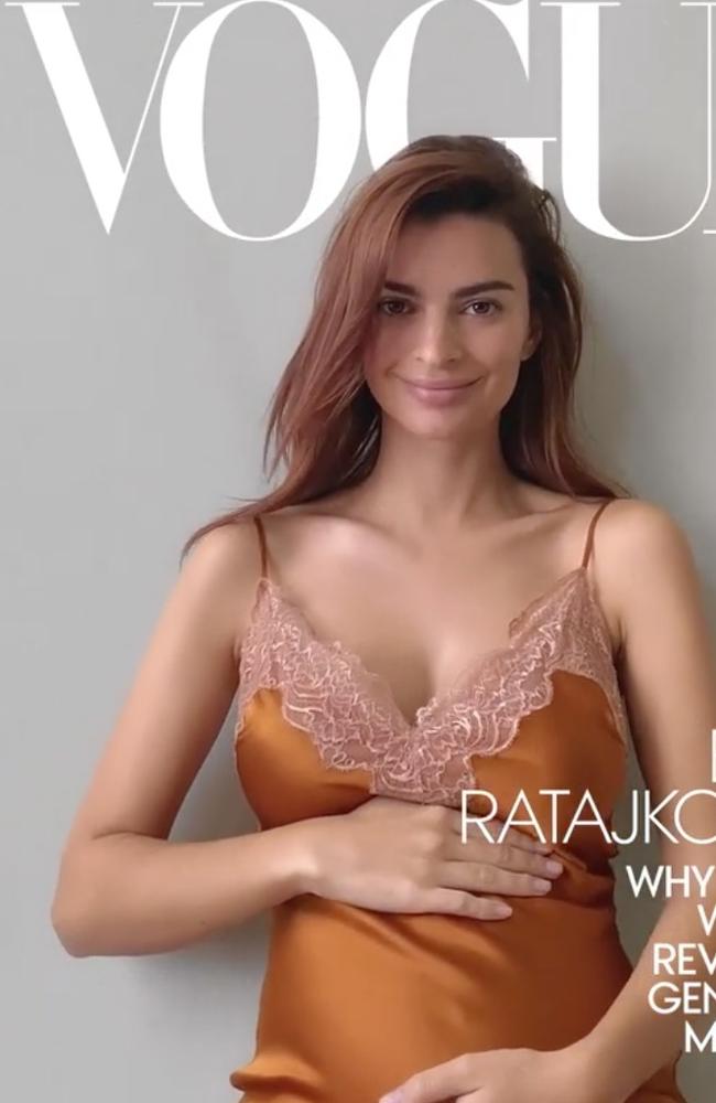 Emily Ratajkowski reveals her pregnancy on the digital cover of Vogue. Picture: Vogue magazine