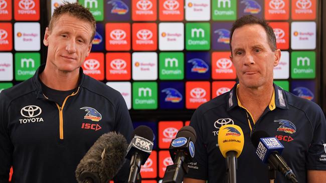 Adelaide Crows football manager Brett Burton and senior coach Don Pyke address the media over Collective Mind. Picture: Getty Images