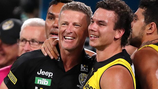 Dan Rioli is all smiles with coach Damien Hardwick after the Grand Final victory. Picture: Sarah Reed