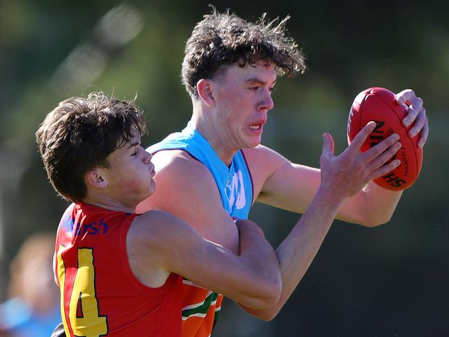 ADELAIDE, AUSTRALIA - MAY 26:/Logan Smith of the Allies and Sam Cumming of South Australia/ during the 2024 Marsh AFL Championships U18 Boys match between South Australia and Allies at Thebarton Oval on May 26, 2024 in Melbourne, Australia. (Photo by Sarah Reed/AFL Photos via Getty Images)