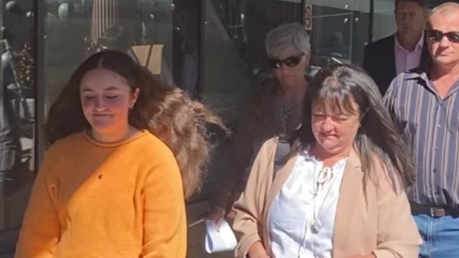 Leanne Mullen (middle) – mother of Rebecca Mullen – who was killed in the Hunter Valley bus crash on June 11 2023 outside Newcastle Local Court on May 8, 2024 with family. Pic: Amy Ziniak