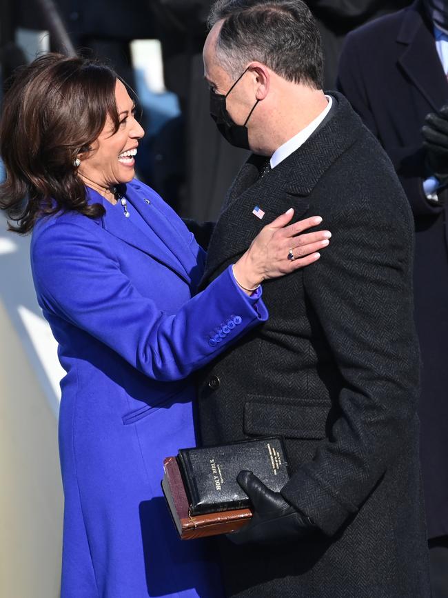 US Vice President Kamala Harris, embraces US Second Gentleman Doug Emhoff after being sworn in. Picture: AFP