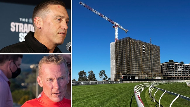 Construction work at Eagle Farm has created a rift between jockeys and trainers, with Jim Byrne (bottom left) and Tony Gollan sharing a heated conversation at Doomben on Tuesday. Pictures: File