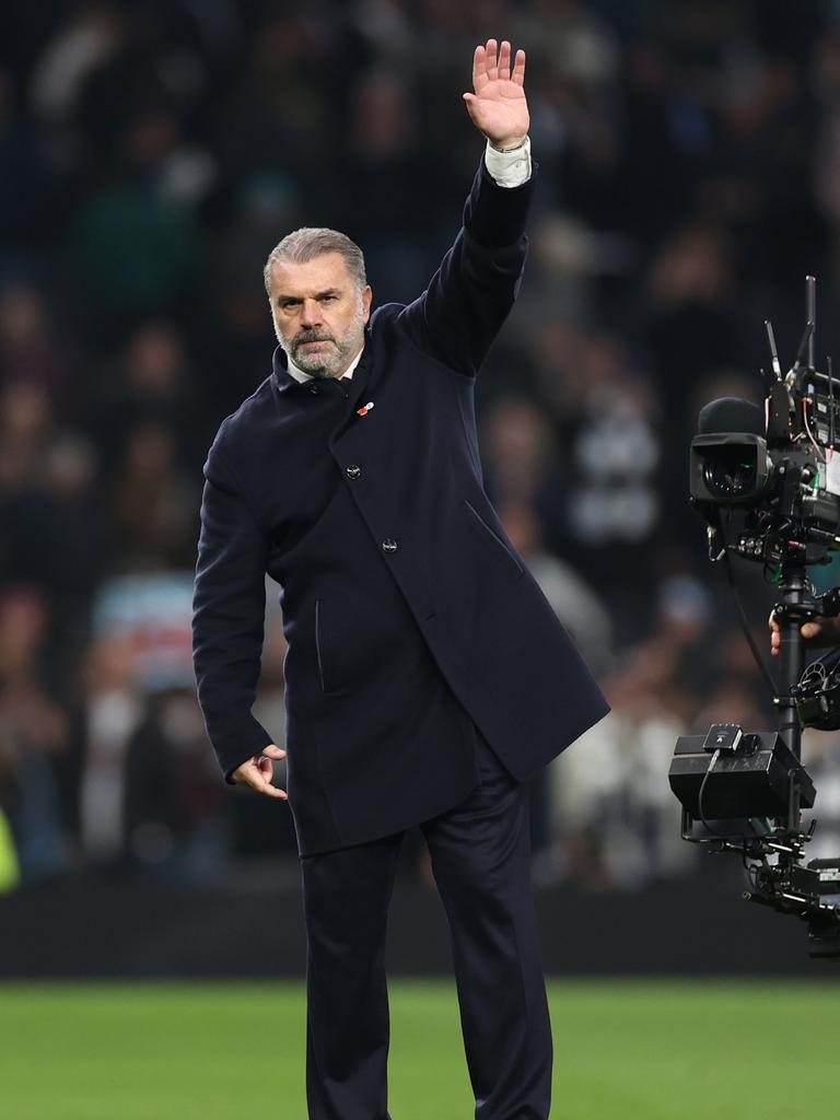 Ange Postecoglou, Manager of Tottenham Hotspur, waves to the fans after beating Aston Villa. (Photo by Ryan Pierse/Getty Images)