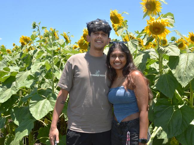 Lilyvale Flower Farm's impressive sunflower crop saw dozens flock to the sunny fields, including (from left) Kavinda and Chenara on Sunday, December 22, 2024. Photo: Jessica Klein