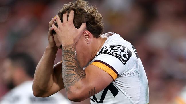 SYDNEY, AUSTRALIA - OCTOBER 01:  Reece Walsh of the Broncos reacts during the 2023 NRL Grand Final match between Penrith Panthers and Brisbane Broncos at Accor Stadium on October 01, 2023 in Sydney, Australia. (Photo by Matt King/Getty Images)