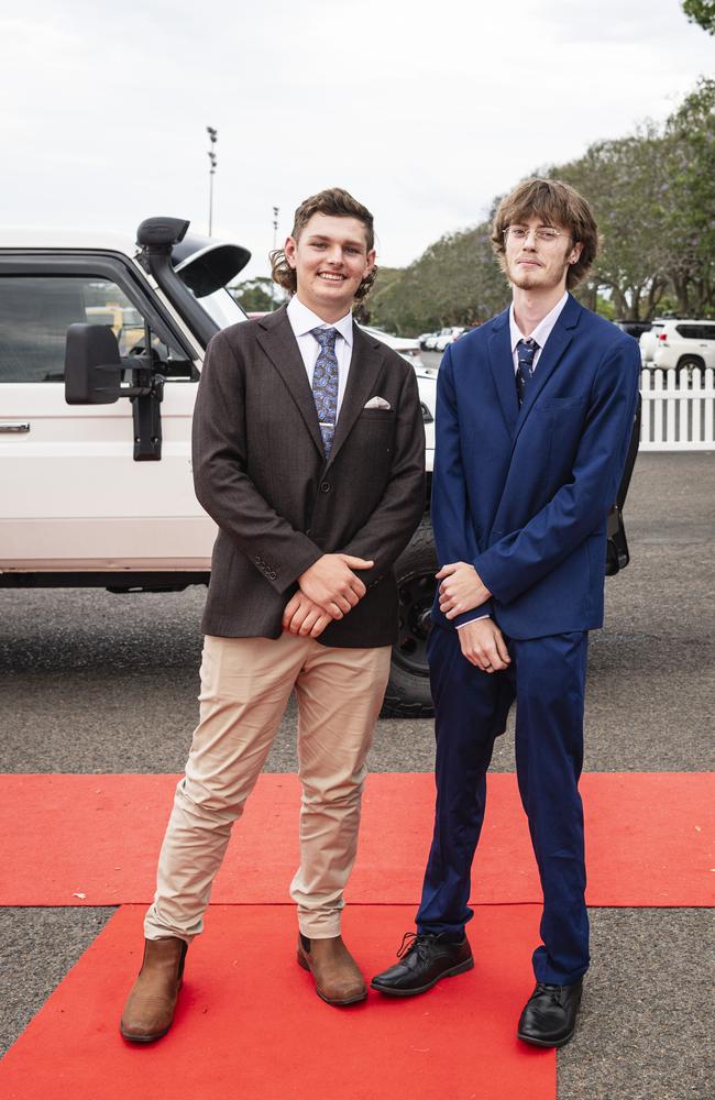 Graduate Liam Deeth (left) is partnered by Brock Timmers at The Industry School formal at Clifford Park Racecourse, Tuesday, November 12, 2024. Picture: Kevin Farmer