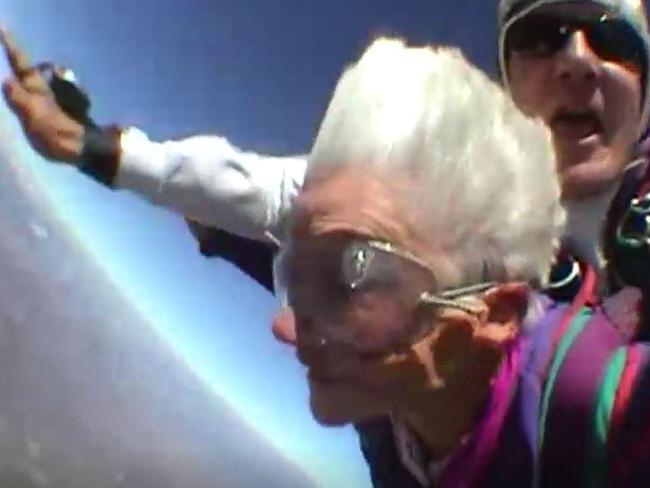 Clare Nowland skydiving to celebrate her 80th birthday in 2008. Picture: ABC News