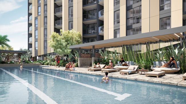 An artist’s impression of Lendlease and QuadReal Property Group’s first build-to-rent residential apartment building at Brisbane Showgrounds.