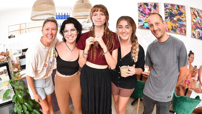 Owner Georgia Pearson has opened a new cafe in Yandina called Kismet tonic + espresso. Pictured with staff members, Georgie Schooner, Allirah, Nicole Alexzandra and Jadon Irwin. Photo: Patrick Woods.