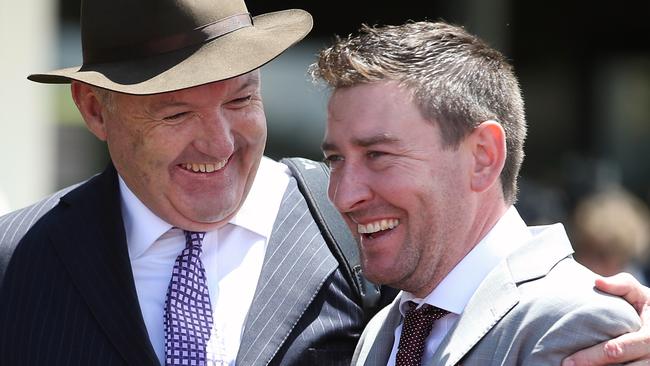 Todd Balfour, right, with fellow trainer David Hayes at Sandown in 2016. Picture: Wayne Ludbey