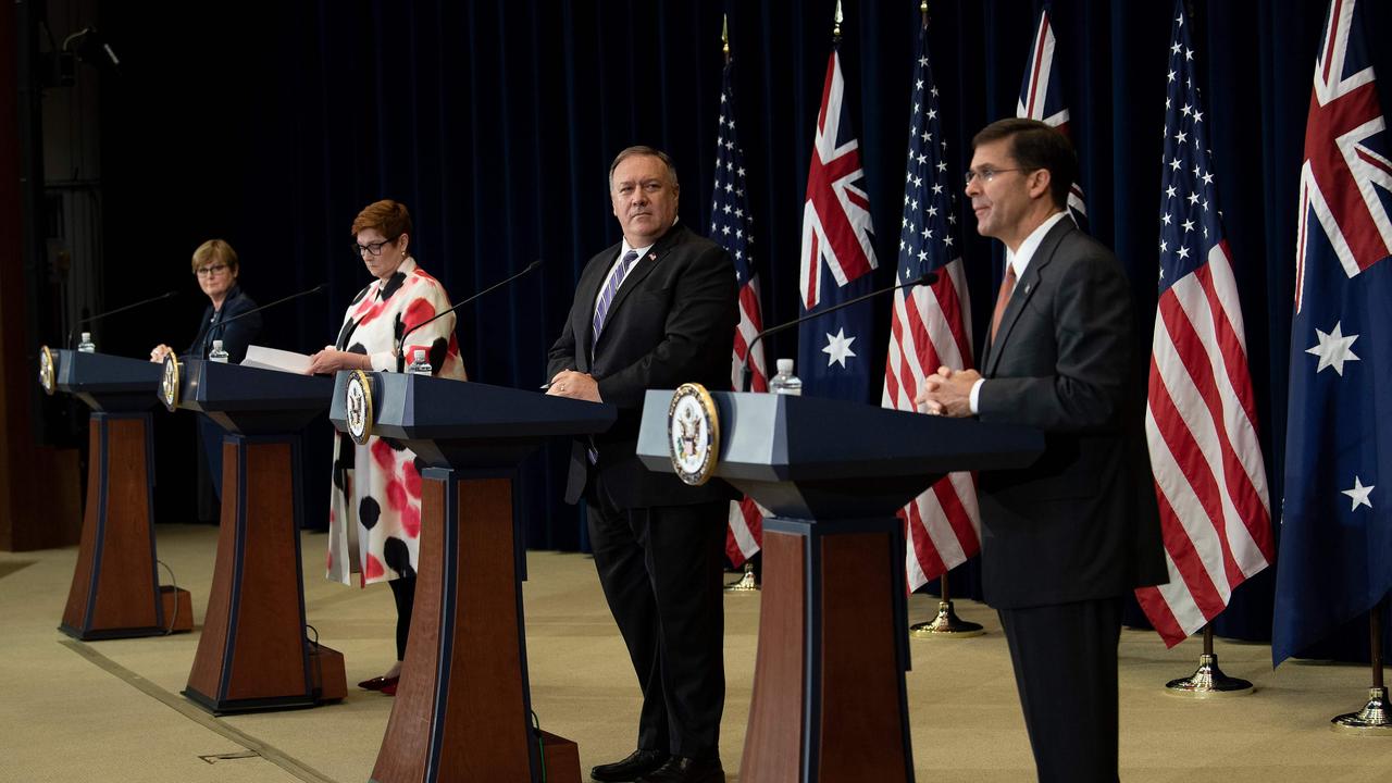 (L-R) Australia’s Defence Minister Linda Reynolds, Foreign Minister Marise Payne, US Secretary of State Mike Pompeo and Secretary of Defence Mark Esper hold a press conference following the 30th AUSMIN on July 28, 2020, in Washington, DC. Picture: Brendan Smialowski/AFP