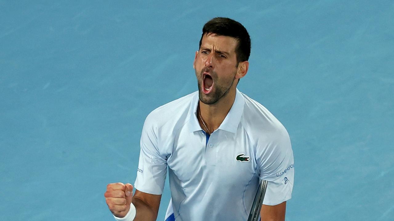 Novak Djokovic celebrates during his brutal clash with young Croatian Dino Prizmic.