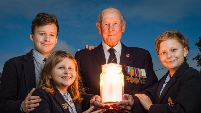 Veteran Frank Sims with grandkids Cameron, Marlowe and Natasha. Picture: Jason Edwards