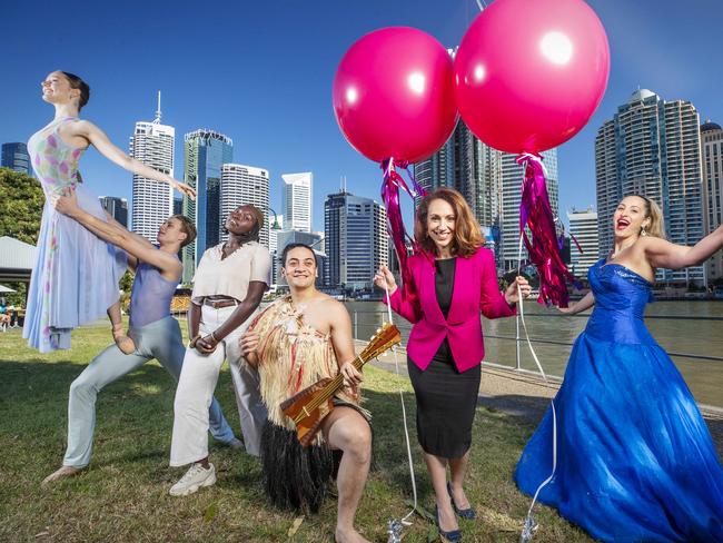 Artistic director Louise Bezzina with performers Sophie Kerr, Edison Manuel, LUATÆ, Iane Atalifo and Panayota Kalatzis ahead of the launch of this years Brisbane Festival. Picture Lachie Millard